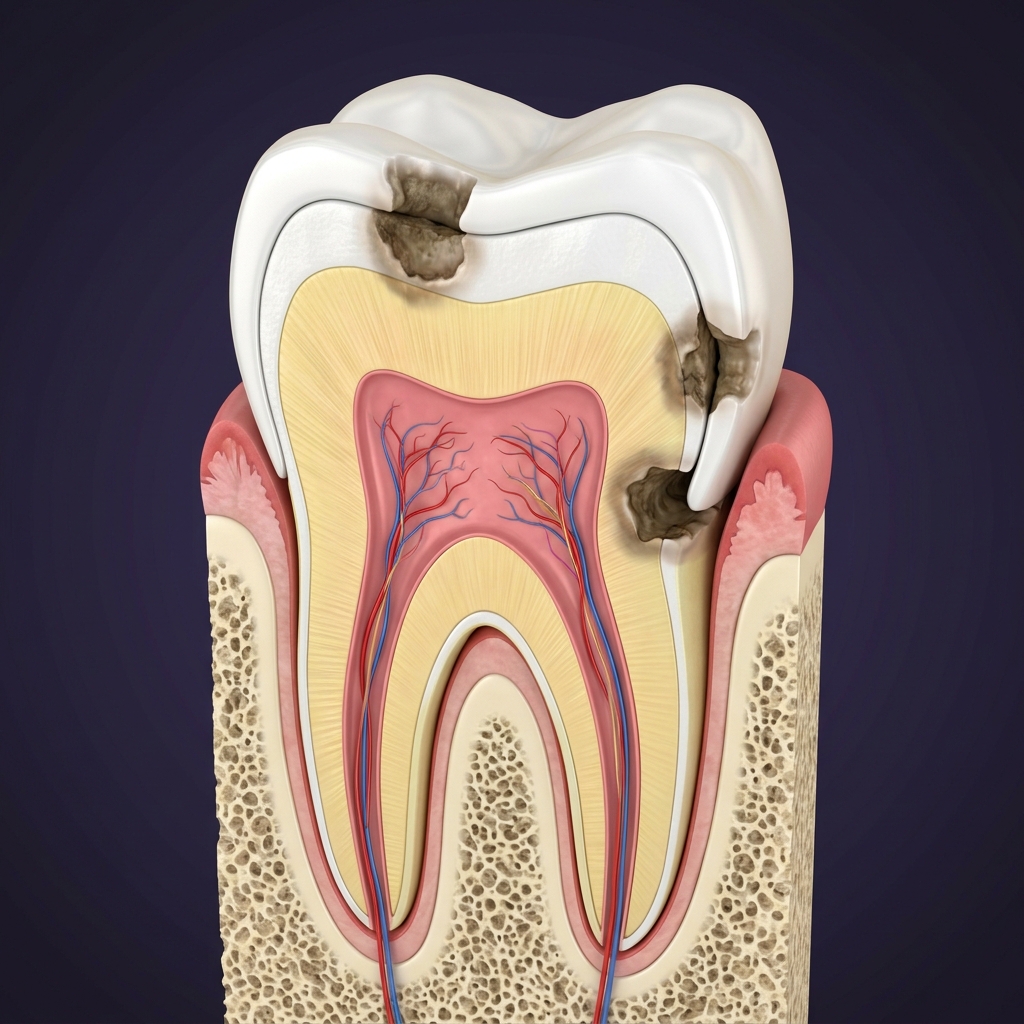 3D cross-section medical render of a molar tooth with an artificial dental crown, showing 3 hidden bacterial cavities along the front, back, and bottom margins
